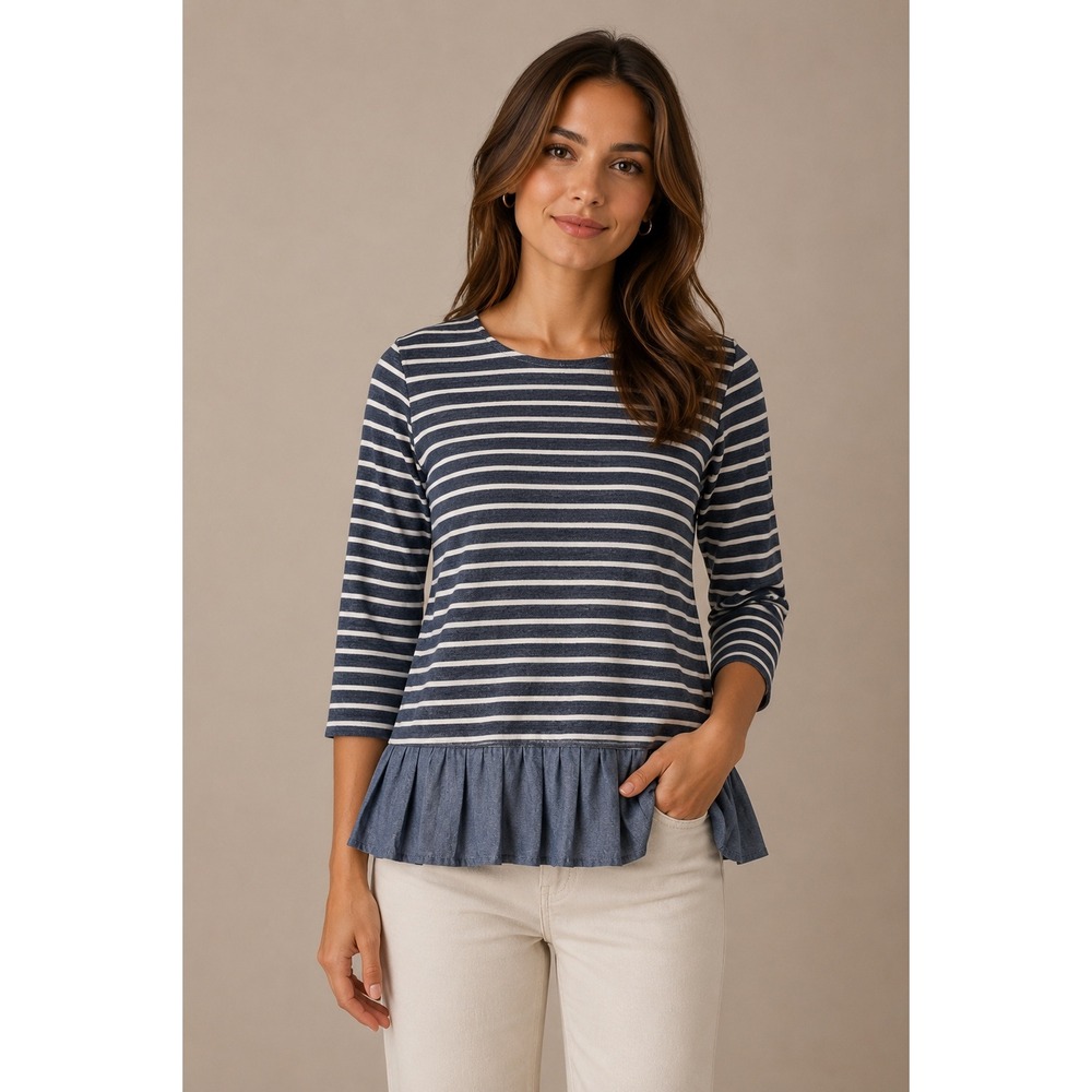THML Navy White Striped Ruffle Pleated Chambray Hem Terry Knit Peplum Top Size L